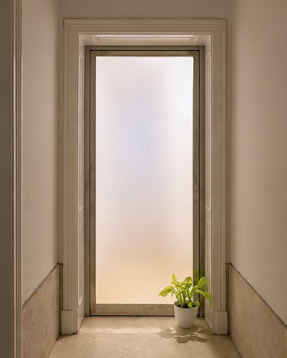 imagem ilustrativa: porta de vidro fosco com uma folha gravada e uma planta