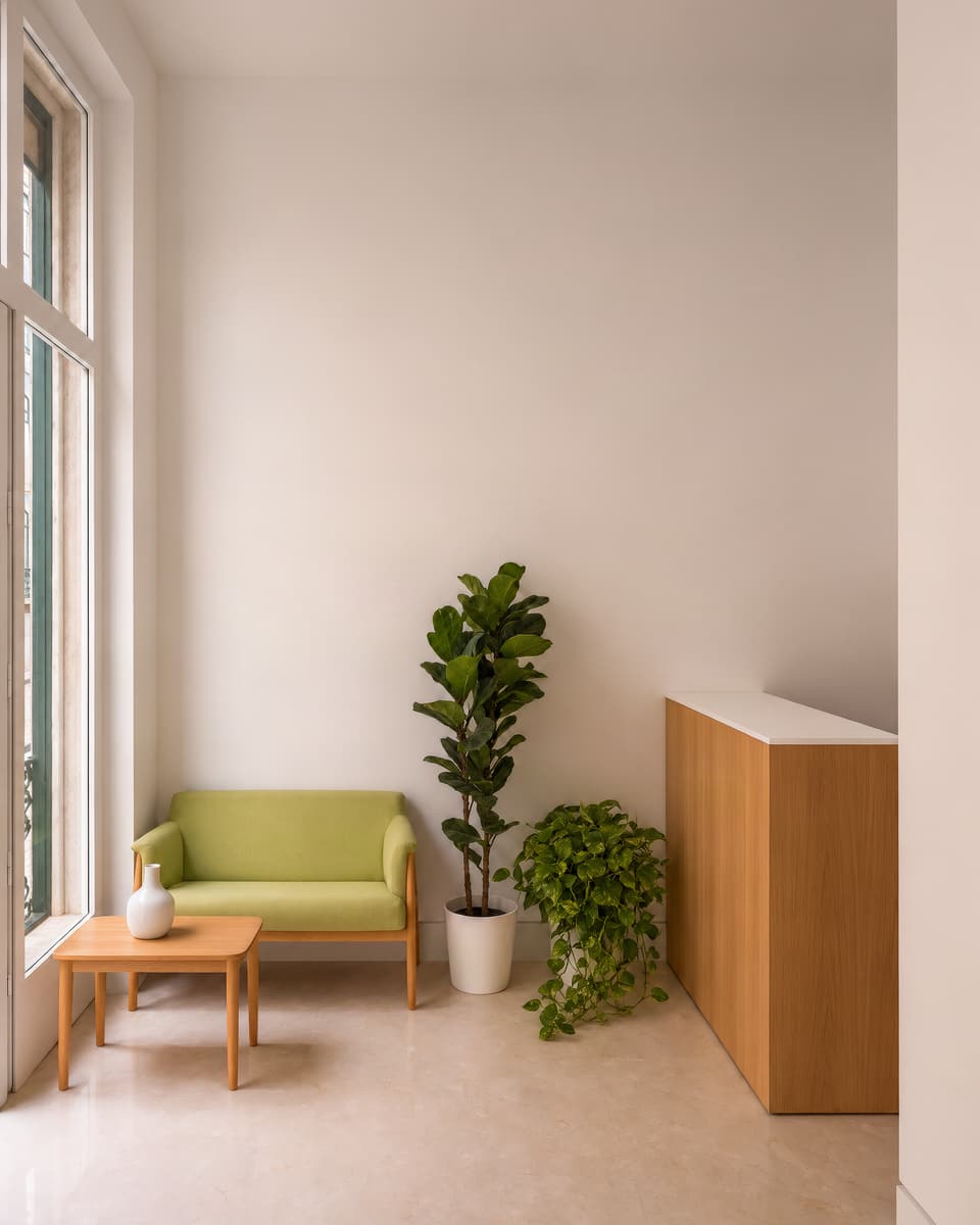 imagem ilustrativa: zona de espera com sofá verde, plantas e um balcão de madeira